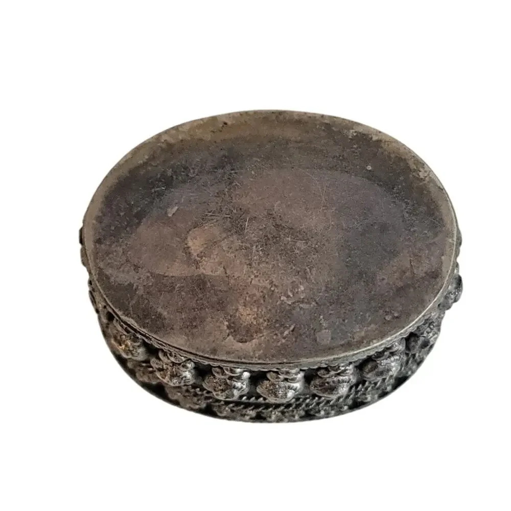 Vintage mini millefiori glass silverplate Lined metal trinket stash pill box 2